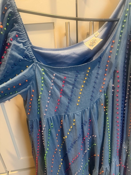 QUEEN OF SPARKLES Dresses & Skirts - QUEEN OF SPARKLES Blue Asymmetrical Dress with Multicolor Beaded Accents